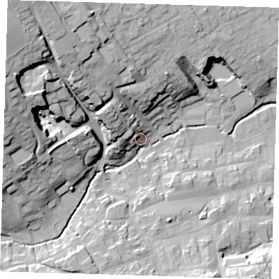 Shaded relief map of the ground around LN110EL, computed from Environment Agency LiDAR. The ground here sits at about 26 m above sea level and falls 33 m across the surrounding 800 m. Surface water reaching this point runs off ground lying to the north-west, 31.2 m higher.