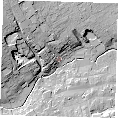 Shaded relief map of the ground around LN110EN, computed from Environment Agency LiDAR. The ground here sits at about 26 m above sea level and falls 32 m across the surrounding 800 m. Surface water reaching this point runs off ground lying to the north-west, 21.7 m higher.