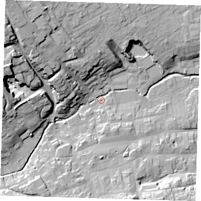 Shaded relief map of the ground around LN110EQ, computed from Environment Agency LiDAR. The ground here sits at about 23 m above sea level and falls 30 m across the surrounding 800 m. Surface water reaching this point runs off ground lying to the north-west, 27.9 m higher.