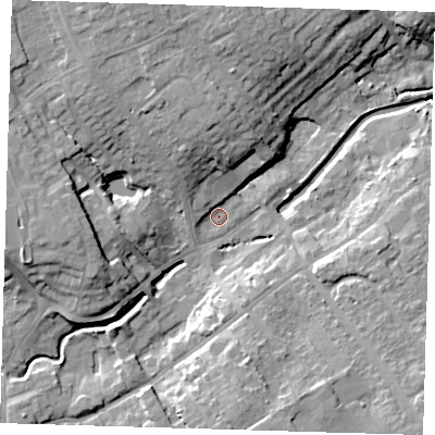Shaded relief map of the ground around LN110FA, computed from Environment Agency LiDAR. The ground here sits at about 18 m above sea level and falls 16 m across the surrounding 800 m. Surface water reaching this point runs off ground lying to the north-north-west, 11.3 m higher.