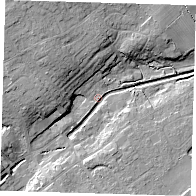 Shaded relief map of the ground around LN110FD, computed from Environment Agency LiDAR. The ground here sits at about 17 m above sea level and falls 18 m across the surrounding 800 m. Surface water reaching this point runs off ground lying to the west-north-west, 12.8 m higher.