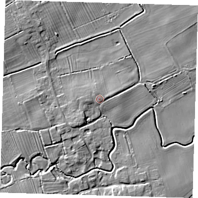 Shaded relief map of the ground around LN110FF, computed from Environment Agency LiDAR. The ground here sits at about 8 m above sea level and falls 7 m across the surrounding 800 m. Surface water reaching this point runs off ground lying to the north-north-west, 1.0 m higher.