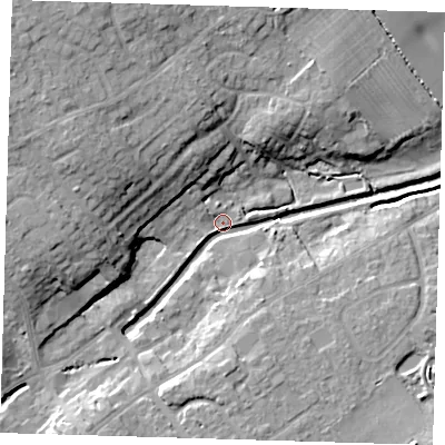 Shaded relief map of the ground around LN110FH, computed from Environment Agency LiDAR. The ground here sits at about 16 m above sea level and falls 18 m across the surrounding 800 m. Surface water reaching this point runs off ground lying to the west, 12.5 m higher.