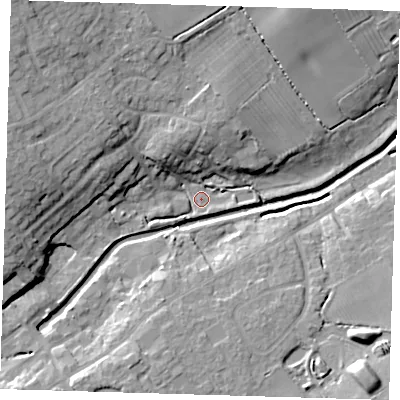 Shaded relief map of the ground around LN110GG, computed from Environment Agency LiDAR. The ground here sits at about 14 m above sea level and falls 17 m across the surrounding 800 m. Surface water reaching this point runs off ground lying to the west, 14.6 m higher.