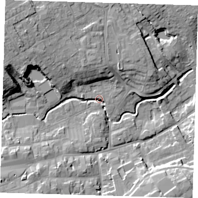 Shaded relief map of the ground around LN110GH, computed from Environment Agency LiDAR. The ground here sits at about 22 m above sea level and falls 19 m across the surrounding 800 m. Surface water reaching this point runs off ground lying to the west-north-west, 15.2 m higher.