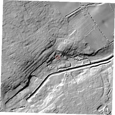 Shaded relief map of the ground around LN110GQ, computed from Environment Agency LiDAR. The ground here sits at about 17 m above sea level and falls 18 m across the surrounding 800 m. Surface water reaching this point runs off ground lying to the west-north-west, 6.4 m higher.