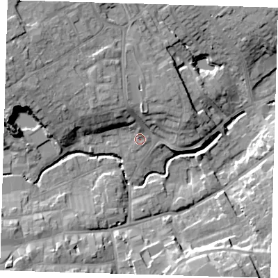 Shaded relief map of the ground around LN110GX, computed from Environment Agency LiDAR. The ground here sits at about 22 m above sea level and falls 18 m across the surrounding 800 m. Surface water reaching this point runs off ground lying to the north, 2.3 m higher.