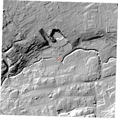 Shaded relief map of the ground around LN110JJ, computed from Environment Agency LiDAR. The ground here sits at about 23 m above sea level and falls 26 m across the surrounding 800 m. Surface water reaching this point runs off ground lying to the west-north-west, 22.6 m higher.