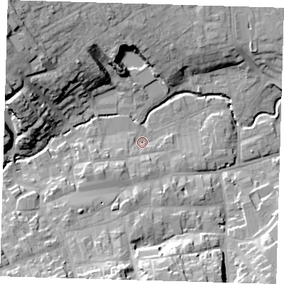 Shaded relief map of the ground around LN110JL, computed from Environment Agency LiDAR. The ground here sits at about 23 m above sea level and falls 25 m across the surrounding 800 m. Surface water reaching this point runs off ground lying to the south-west, 5.1 m higher.