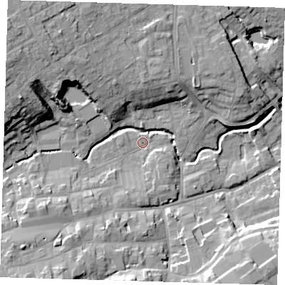 Shaded relief map of the ground around LN110JN, computed from Environment Agency LiDAR. The ground here sits at about 22 m above sea level and falls 20 m across the surrounding 800 m. Surface water reaching this point runs off ground lying to the south-west, 9.5 m higher.