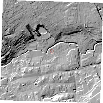 Shaded relief map of the ground around LN110JP, computed from Environment Agency LiDAR. The ground here sits at about 22 m above sea level and falls 23 m across the surrounding 800 m. Surface water reaching this point runs off ground lying to the south-west, 0.6 m higher.
