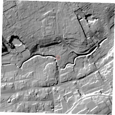 Shaded relief map of the ground around LN110JR, computed from Environment Agency LiDAR. The ground here sits at about 21 m above sea level and falls 19 m across the surrounding 800 m. Surface water reaching this point runs off ground lying to the west-north-west, 14.9 m higher.
