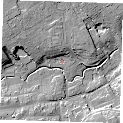 Shaded relief map of the ground around LN110JS, computed from Environment Agency LiDAR. The ground here sits at about 22 m above sea level and falls 19 m across the surrounding 800 m. Surface water reaching this point runs off ground lying to the north-west, 8.2 m higher.