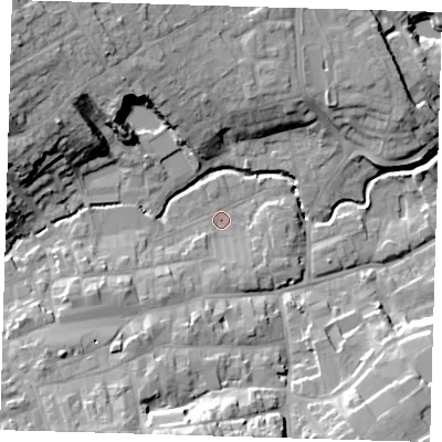 Shaded relief map of the ground around LN110JW, computed from Environment Agency LiDAR. The ground here sits at about 22 m above sea level and falls 20 m across the surrounding 800 m. Surface water reaching this point runs off ground lying to the south-south-west, 13.8 m higher.