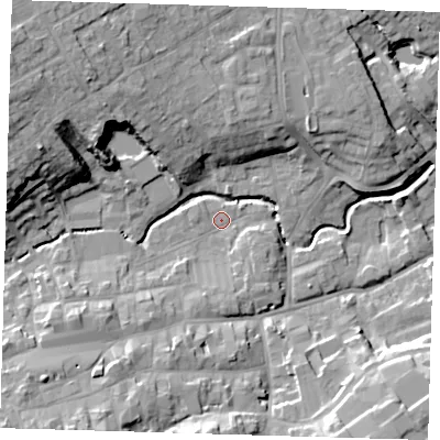 Shaded relief map of the ground around LN110JY, computed from Environment Agency LiDAR. The ground here sits at about 22 m above sea level and falls 19 m across the surrounding 800 m. Surface water reaching this point runs off ground lying to the south-west, 9.6 m higher.