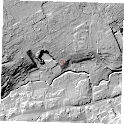 Shaded relief map of the ground around LN110LE, computed from Environment Agency LiDAR. The ground here sits at about 27 m above sea level and falls 22 m across the surrounding 800 m. Surface water reaching this point runs off ground lying to the north-west, 6.7 m higher.