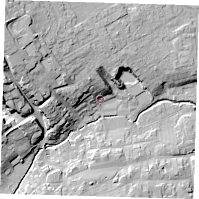 Shaded relief map of the ground around LN110LG, computed from Environment Agency LiDAR. The ground here sits at about 24 m above sea level and falls 29 m across the surrounding 800 m. Surface water reaching this point runs off ground lying to the west-north-west, 26.6 m higher.