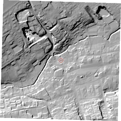 Shaded relief map of the ground around LN110LL, computed from Environment Agency LiDAR. The ground here sits at about 24 m above sea level and falls 34 m across the surrounding 800 m. Surface water reaching this point runs off ground lying to the south-east, 4.5 m higher.