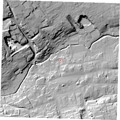 Shaded relief map of the ground around LN110LP, computed from Environment Agency LiDAR. The ground here sits at about 23 m above sea level and falls 30 m across the surrounding 800 m. Surface water reaching this point runs off ground lying to the south, 6.5 m higher.