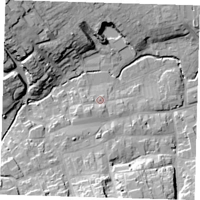 Shaded relief map of the ground around LN110LT, computed from Environment Agency LiDAR. The ground here sits at about 25 m above sea level and falls 27 m across the surrounding 800 m. Surface water reaching this point runs off ground lying to the south-west, 3.6 m higher.