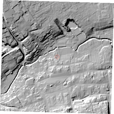 Shaded relief map of the ground around LN110LU, computed from Environment Agency LiDAR. The ground here sits at about 24 m above sea level and falls 29 m across the surrounding 800 m. Surface water reaching this point runs off ground lying to the south, 2.5 m higher.