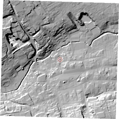 Shaded relief map of the ground around LN110LW, computed from Environment Agency LiDAR. The ground here sits at about 24 m above sea level and falls 30 m across the surrounding 800 m. Surface water reaching this point runs off ground lying to the south, 6.1 m higher.
