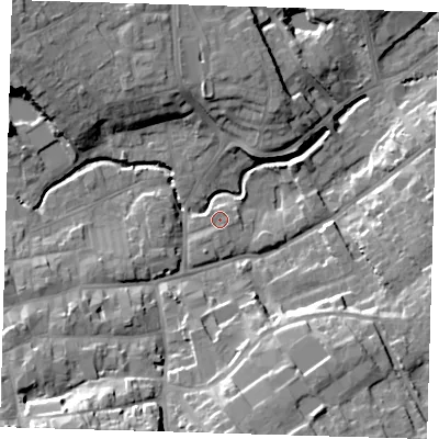 Shaded relief map of the ground around LN110ND, computed from Environment Agency LiDAR. The ground here sits at about 21 m above sea level and falls 21 m across the surrounding 800 m. Surface water reaching this point runs off ground lying to the south-south-west, 1.4 m higher.