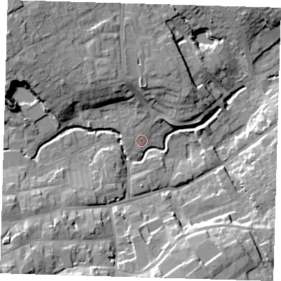 Shaded relief map of the ground around LN110NE, computed from Environment Agency LiDAR. The ground here sits at about 21 m above sea level and falls 18 m across the surrounding 800 m. Surface water reaching this point runs off ground lying to the north-north-west, 1.0 m higher.