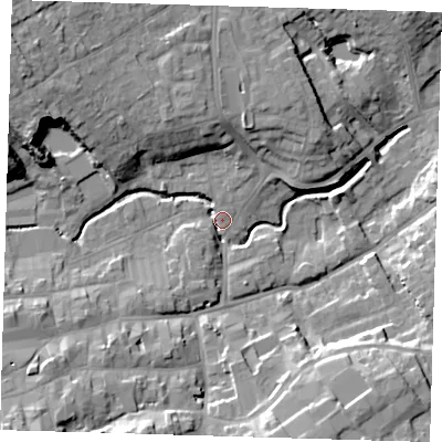 Shaded relief map of the ground around LN110NF, computed from Environment Agency LiDAR. The ground here sits at about 21 m above sea level and falls 19 m across the surrounding 800 m. Surface water reaching this point runs off ground lying to the west-north-west, 14.8 m higher.