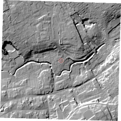 Shaded relief map of the ground around LN110NG, computed from Environment Agency LiDAR. The ground here sits at about 21 m above sea level and falls 18 m across the surrounding 800 m. Surface water reaching this point runs off ground lying to the north-north-west, 8.0 m higher.