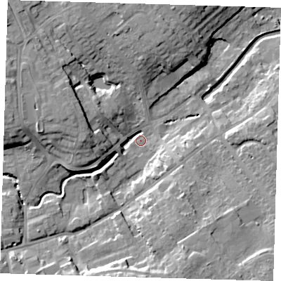 Shaded relief map of the ground around LN110NJ, computed from Environment Agency LiDAR. The ground here sits at about 18 m above sea level and falls 15 m across the surrounding 800 m. Surface water reaching this point runs off ground lying to the west, 13.2 m higher.