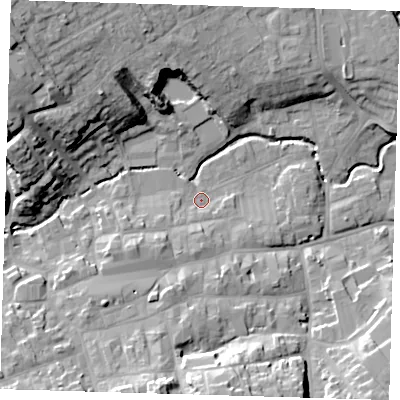 Shaded relief map of the ground around LN110NN, computed from Environment Agency LiDAR. The ground here sits at about 22 m above sea level and falls 24 m across the surrounding 800 m. Surface water reaching this point runs off ground lying to the south-west, 5.2 m higher.
