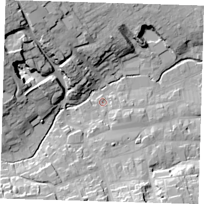 Shaded relief map of the ground around LN110NW, computed from Environment Agency LiDAR. The ground here sits at about 24 m above sea level and falls 31 m across the surrounding 800 m. Surface water reaching this point runs off ground lying to the south, 6.5 m higher.