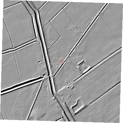 Shaded relief map of the ground around LN110NX, computed from Environment Agency LiDAR. The ground here sits at about 2 m above sea level and falls 4 m across the surrounding 800 m. Surface water reaching this point runs off ground lying to the east-south-east, 1.2 m higher.