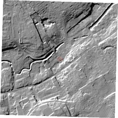 Shaded relief map of the ground around LN110NY, computed from Environment Agency LiDAR. The ground here sits at about 18 m above sea level and falls 16 m across the surrounding 800 m. Surface water reaching this point runs off ground lying to the south, 13.6 m higher.