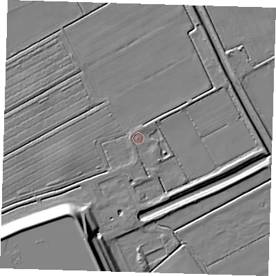 Shaded relief map of the ground around LN110PA, computed from Environment Agency LiDAR. The ground here sits at about 3 m above sea level and falls 16 m across the surrounding 800 m. Surface water reaching this point runs off ground lying to the south-south-west, 15.7 m higher.