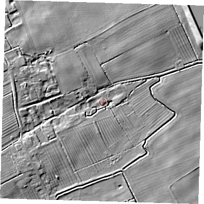 Shaded relief map of the ground around LN110PD, computed from Environment Agency LiDAR. The ground here sits at about 6 m above sea level and falls 14 m across the surrounding 800 m. Surface water reaching this point runs off ground lying to the west-north-west, 5.8 m higher.