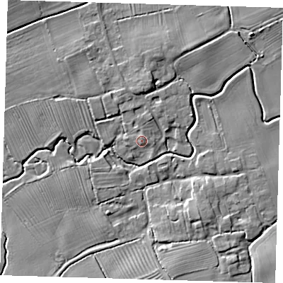 Shaded relief map of the ground around LN110PG, computed from Environment Agency LiDAR. The ground here sits at about 7 m above sea level and falls 8 m across the surrounding 800 m. Surface water reaching this point runs off ground lying to the north, 0.7 m higher.