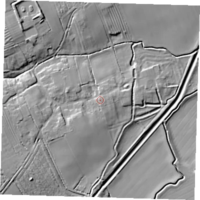 Shaded relief map of the ground around LN110QD, computed from Environment Agency LiDAR. The ground here sits at about 9 m above sea level and falls 12 m across the surrounding 800 m. Surface water reaching this point runs off ground lying to the south-east, 1.5 m higher.