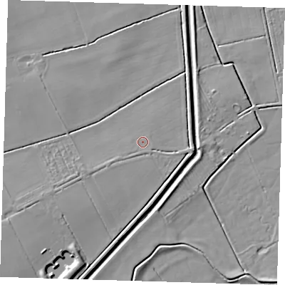 Shaded relief map of the ground around LN110QE, computed from Environment Agency LiDAR. The ground here sits at about 4 m above sea level and falls 7 m across the surrounding 800 m. Surface water reaching this point runs off ground lying to the south-west, 1.0 m higher.