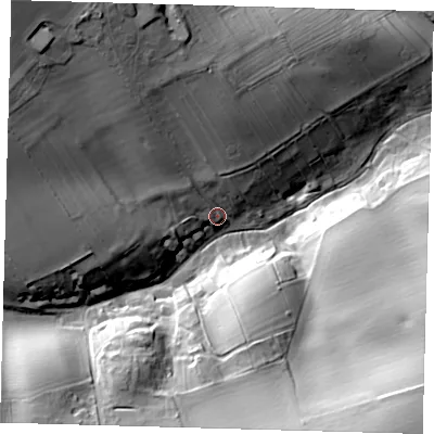 Shaded relief map of the ground around LN110QT, computed from Environment Agency LiDAR. The ground here sits at about 78 m above sea level and falls 41 m across the surrounding 800 m. Surface water reaching this point runs off ground lying to the north-north-west, 32.3 m higher.
