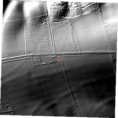 Shaded relief map of the ground around LN110QU, computed from Environment Agency LiDAR. The ground here sits at about 114 m above sea level and falls 36 m across the surrounding 800 m. Surface water reaching this point runs off ground lying to the west-south-west, 1.6 m higher.