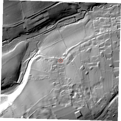 Shaded relief map of the ground around LN110QW, computed from Environment Agency LiDAR. The ground here sits at about 45 m above sea level and falls 48 m across the surrounding 800 m. Surface water reaching this point runs off ground lying to the south-south-east, 30.8 m higher.