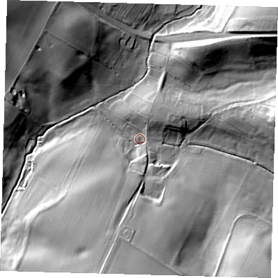 Shaded relief map of the ground around LN110RA, computed from Environment Agency LiDAR. The ground here sits at about 79 m above sea level and falls 30 m across the surrounding 800 m. Surface water reaching this point runs off ground lying to the south, 23.7 m higher.