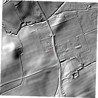Shaded relief map of the ground around LN110TG, computed from Environment Agency LiDAR. The ground here sits at about 24 m above sea level and falls 17 m across the surrounding 800 m. Surface water reaching this point runs off ground lying to the south-south-west, 4.5 m higher.