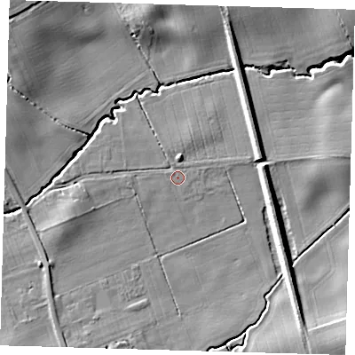 Shaded relief map of the ground around LN110TX, computed from Environment Agency LiDAR. The ground here sits at about 20 m above sea level and falls 13 m across the surrounding 800 m. Surface water reaching this point runs off ground lying to the west-south-west, 4.6 m higher.