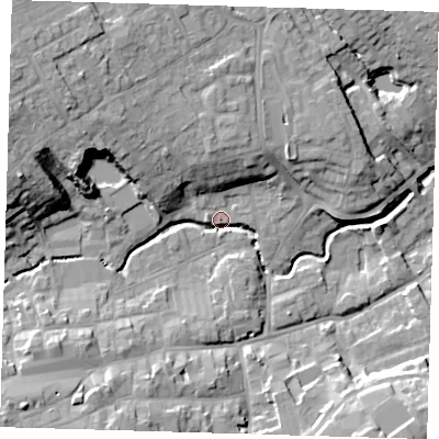 Shaded relief map of the ground around LN110WS, computed from Environment Agency LiDAR. The ground here sits at about 22 m above sea level and falls 20 m across the surrounding 800 m. Surface water reaching this point runs off ground lying to the west-north-west, 16.0 m higher.