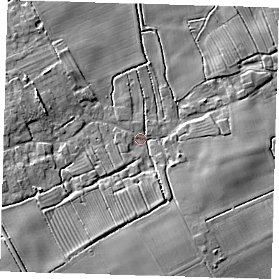 Shaded relief map of the ground around LN110XF, computed from Environment Agency LiDAR. The ground here sits at about 3 m above sea level and falls 8 m across the surrounding 800 m. Surface water reaching this point runs off ground lying to the south, 6.2 m higher.