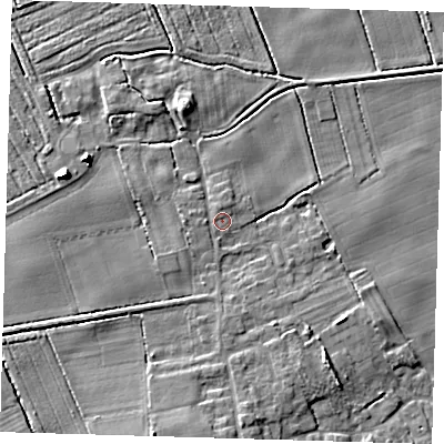 Shaded relief map of the ground around LN110XL, computed from Environment Agency LiDAR. The ground here sits at about 4 m above sea level and falls 10 m across the surrounding 800 m. Surface water reaching this point runs off ground lying to the south-west, 1.9 m higher.