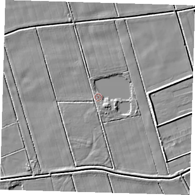 Shaded relief map of the ground around LN110XP, computed from Environment Agency LiDAR. The ground here sits at about 2 m above sea level and falls 4 m across the surrounding 800 m. Surface water reaching this point runs off ground lying to the south-east, 2.7 m higher.